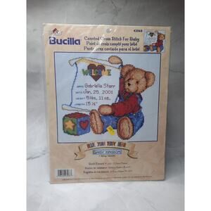 Plaid Bucilla Counted Cross Stitch For Baby Blue Jean Teddy Bear Birth Record